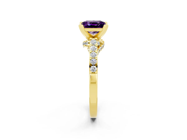 Yellow gold Princess Cut Amethyst Solitaire Ring with Crossover Gallery and Round  Pavé Band