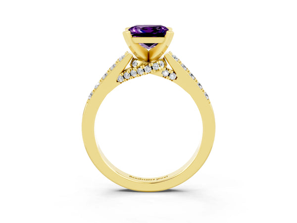 Yellow gold Princess Cut Amethyst Solitaire Ring with Crossover Gallery and Round  Pavé Band