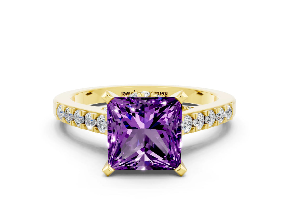Yellow gold Princess Cut Amethyst Solitaire Ring with Crossover Gallery and Round  Pavé Band_36