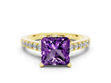 Yellow gold Princess Cut Amethyst Solitaire Ring with Crossover Gallery and Round  Pavé Band_36