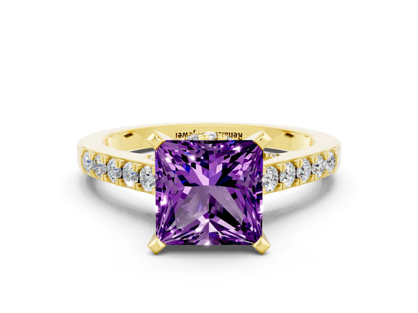 Yellow gold Princess Cut Amethyst Solitaire Ring with Crossover Gallery and Round  Pavé Band