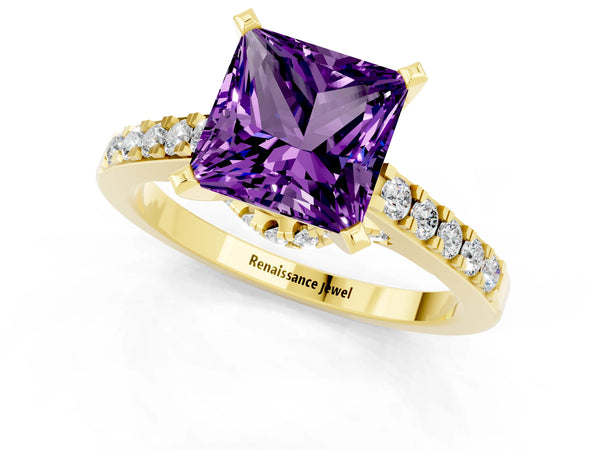 Yellow gold Princess Cut Amethyst Solitaire Ring with Crossover Gallery and Round  Pavé Band