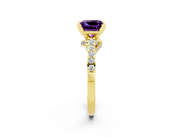 Yellow gold Princess Cut Amethyst Solitaire Ring with Crossover Gallery and Round  Pavé Band