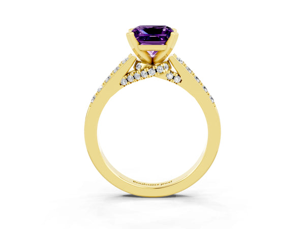 Yellow gold Princess Cut Amethyst Solitaire Ring with Crossover Gallery and Round  Pavé Band