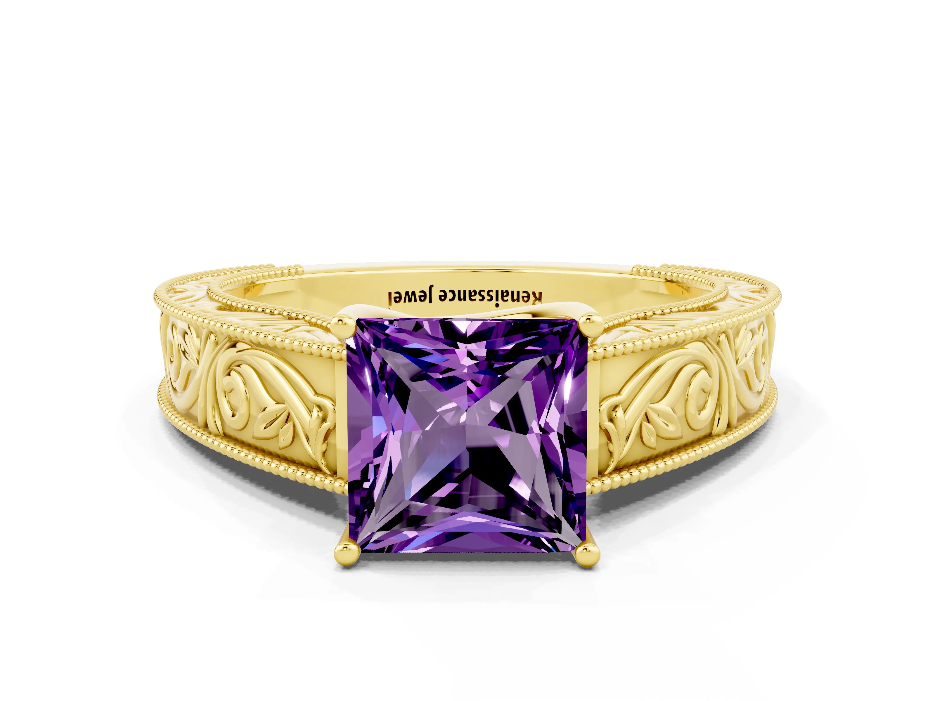 Yellow gold Princess Cut Amethyst Solitaire Ring with Engraved Band and Four-Prong Setting