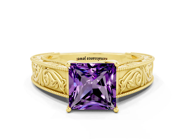 Yellow gold Princess Cut Amethyst Solitaire Ring with Engraved Band and Four-Prong Setting