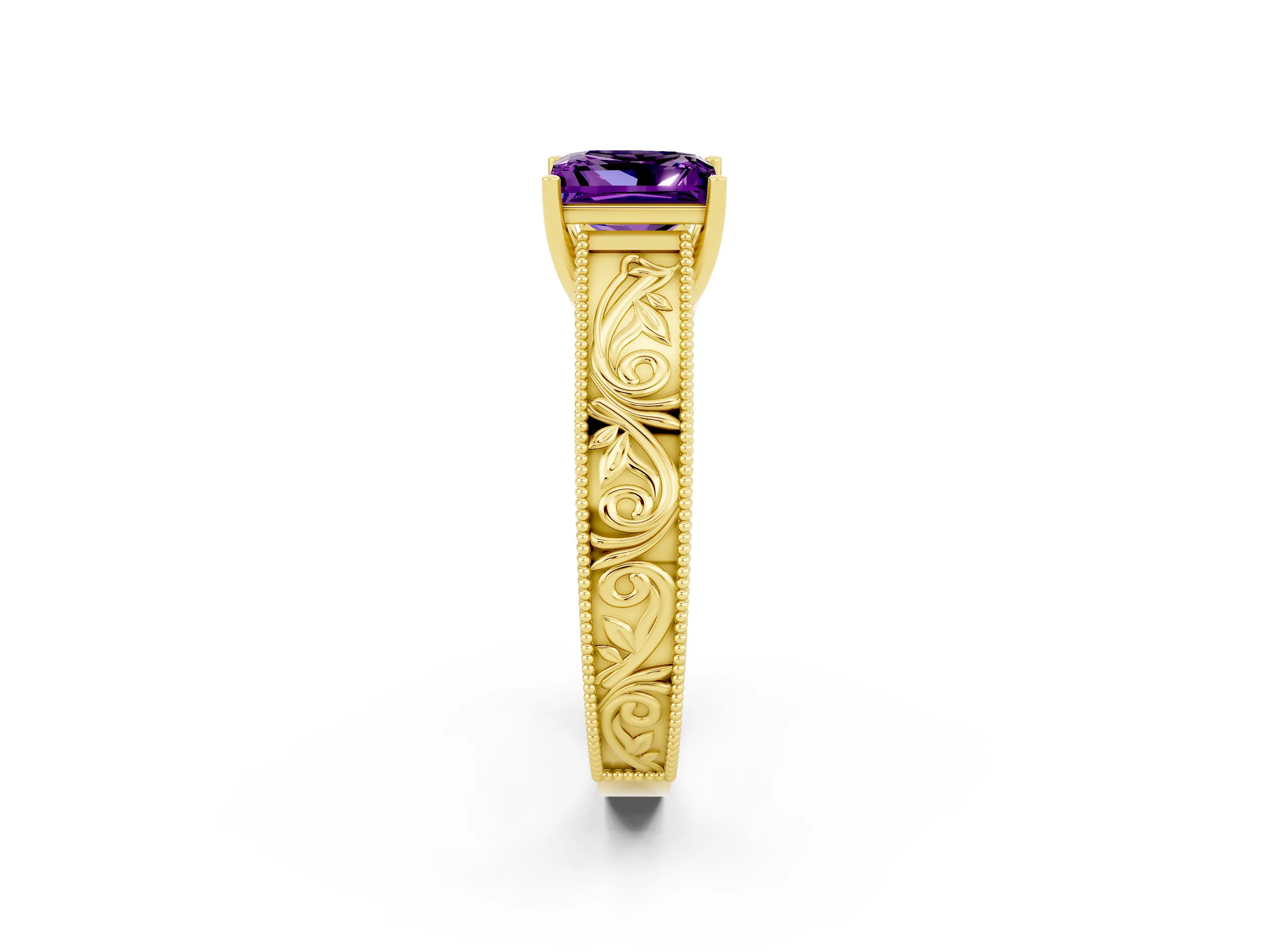 Yellow gold Princess Cut Amethyst Solitaire Ring with Engraved Band and Four-Prong Setting_2