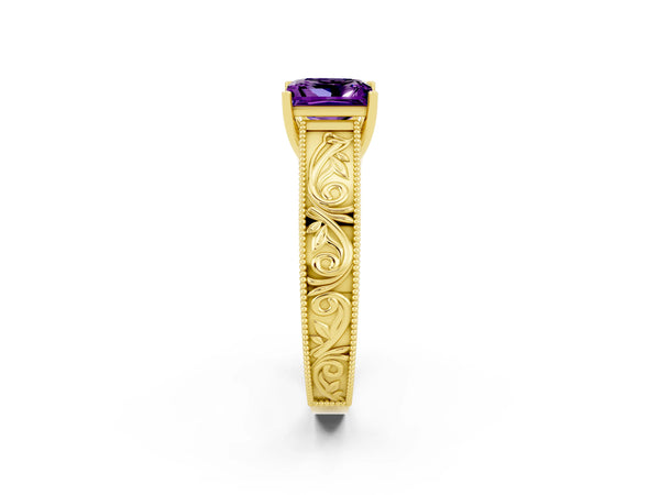 Yellow gold Princess Cut Amethyst Solitaire Ring with Engraved Band and Four-Prong Setting