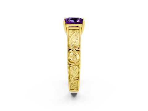Yellow gold Princess Cut Amethyst Solitaire Ring with Engraved Band and Four-Prong Setting_2