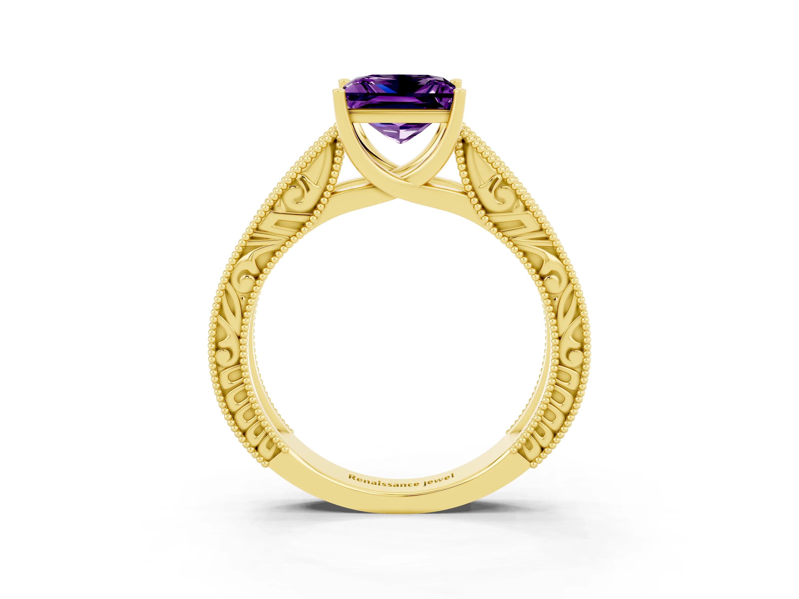 Yellow gold Princess Cut Amethyst Solitaire Ring with Engraved Band and Four-Prong Setting_3