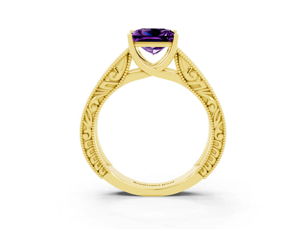Yellow gold Princess Cut Amethyst Solitaire Ring with Engraved Band and Four-Prong Setting