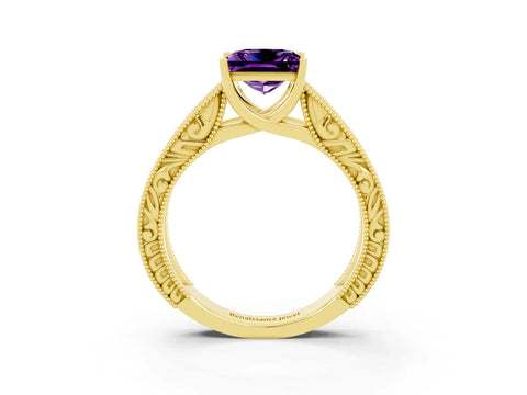 Yellow gold Princess Cut Amethyst Solitaire Ring with Engraved Band and Four-Prong Setting_3
