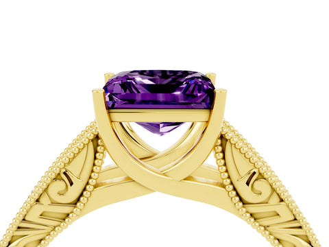 Yellow gold Princess Cut Amethyst Solitaire Ring with Engraved Band and Four-Prong Setting_4