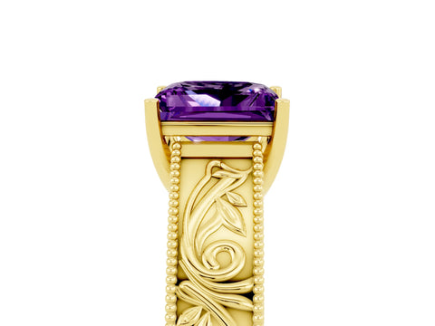 Yellow gold Princess Cut Amethyst Solitaire Ring with Engraved Band and Four-Prong Setting_5
