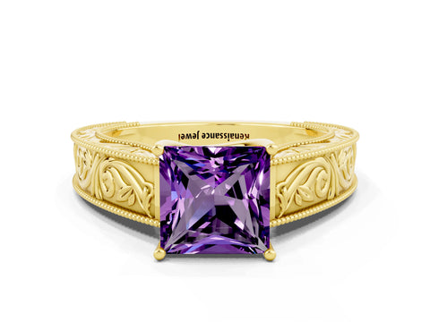 Yellow gold Princess Cut Amethyst Solitaire Ring with Engraved Band and Four-Prong Setting