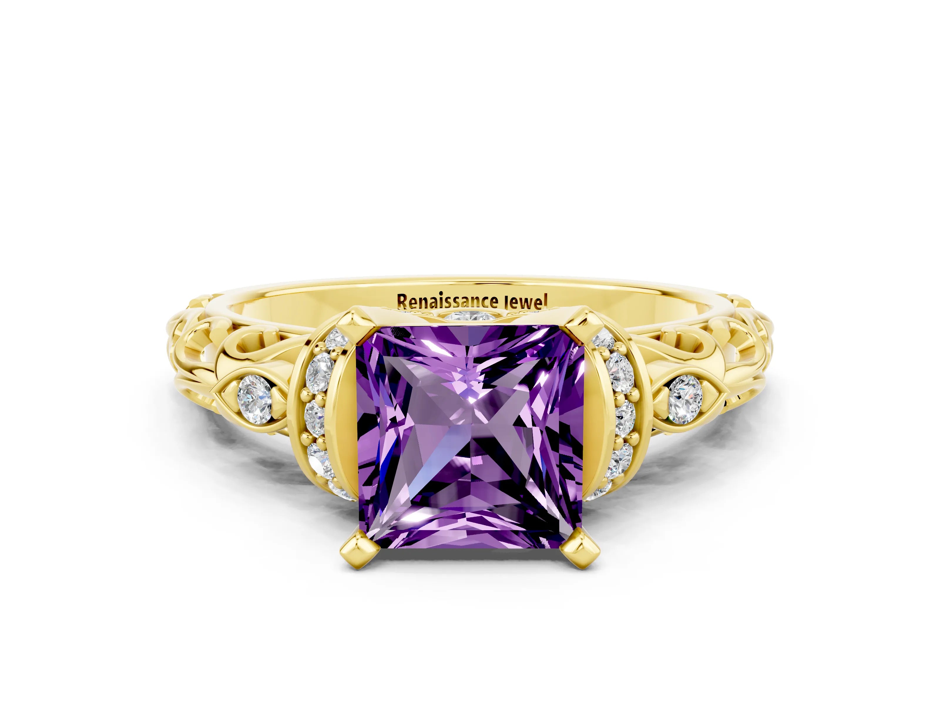 Yellow gold Princess Cut Amethyst Solitaire Ring with Filigree Band and Four-Prong Setting_24