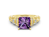 Yellow gold Princess Cut Amethyst Solitaire Ring with Filigree Band and Four-Prong Setting_24