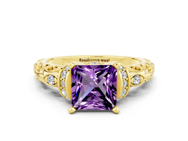 Yellow gold Princess Cut Amethyst Solitaire Ring with Filigree Band and Four-Prong Setting