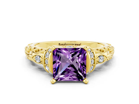 Yellow gold Princess Cut Amethyst Solitaire Ring with Filigree Band and Four-Prong Setting_24