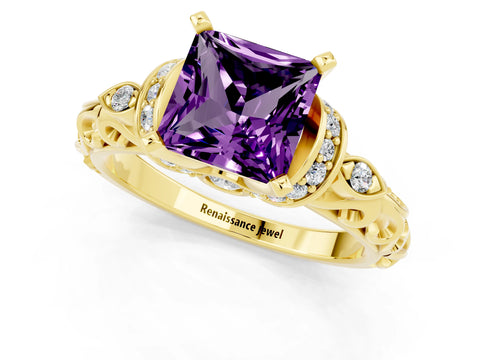 Yellow gold Princess Cut Amethyst Solitaire Ring with Filigree Band and Four-Prong Setting_25