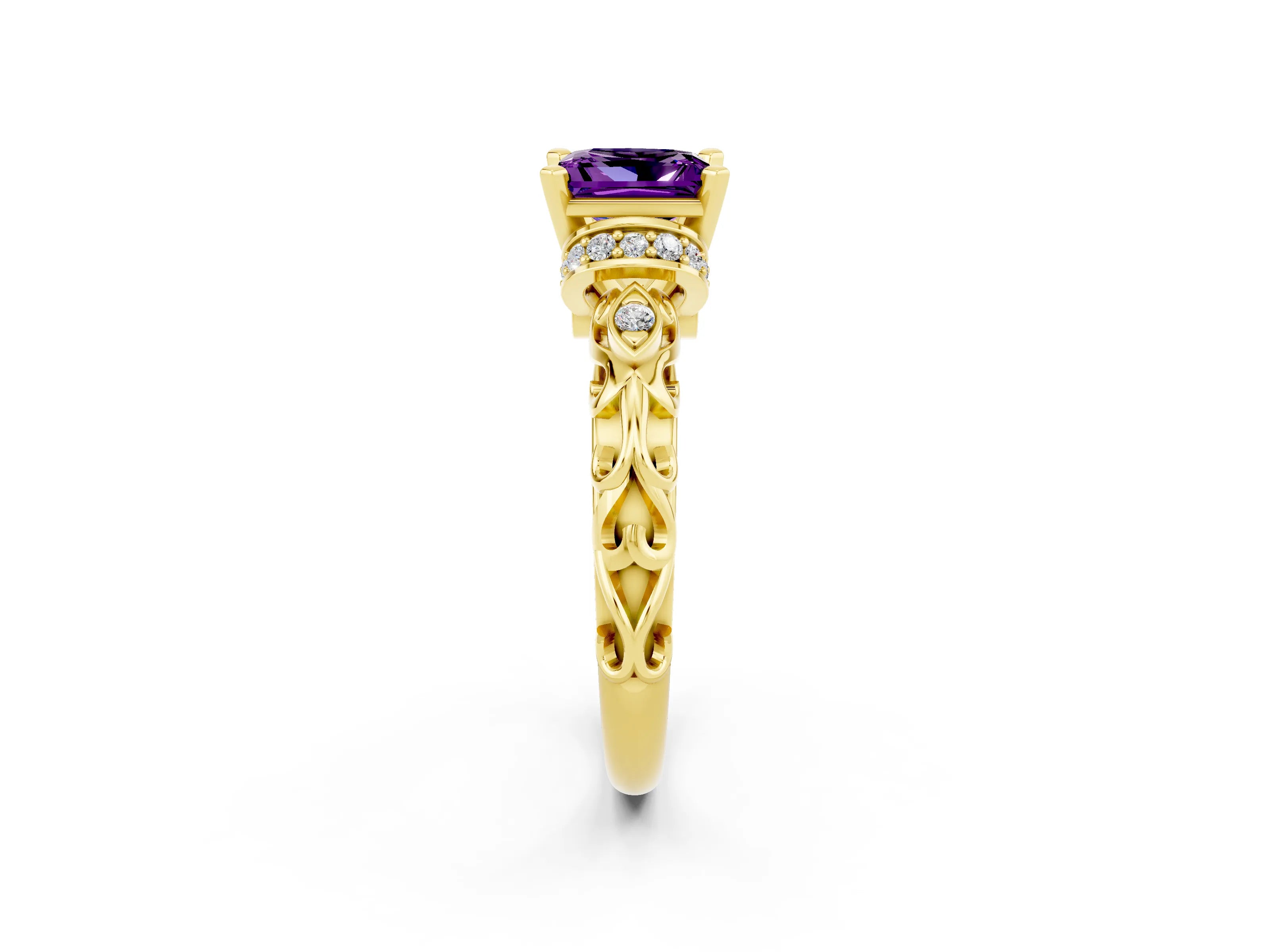 Yellow gold Princess Cut Amethyst Solitaire Ring with Filigree Band and Four-Prong Setting_26