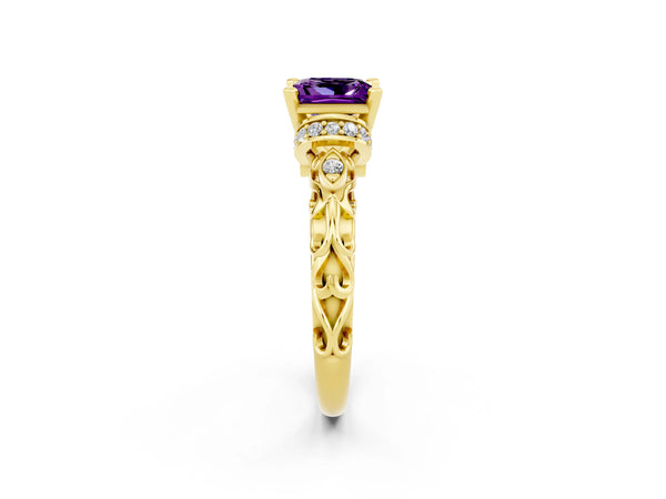 Yellow gold Princess Cut Amethyst Solitaire Ring with Filigree Band and Four-Prong Setting