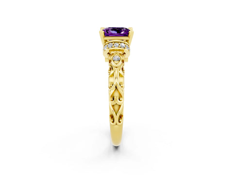 Yellow gold Princess Cut Amethyst Solitaire Ring with Filigree Band and Four-Prong Setting_26
