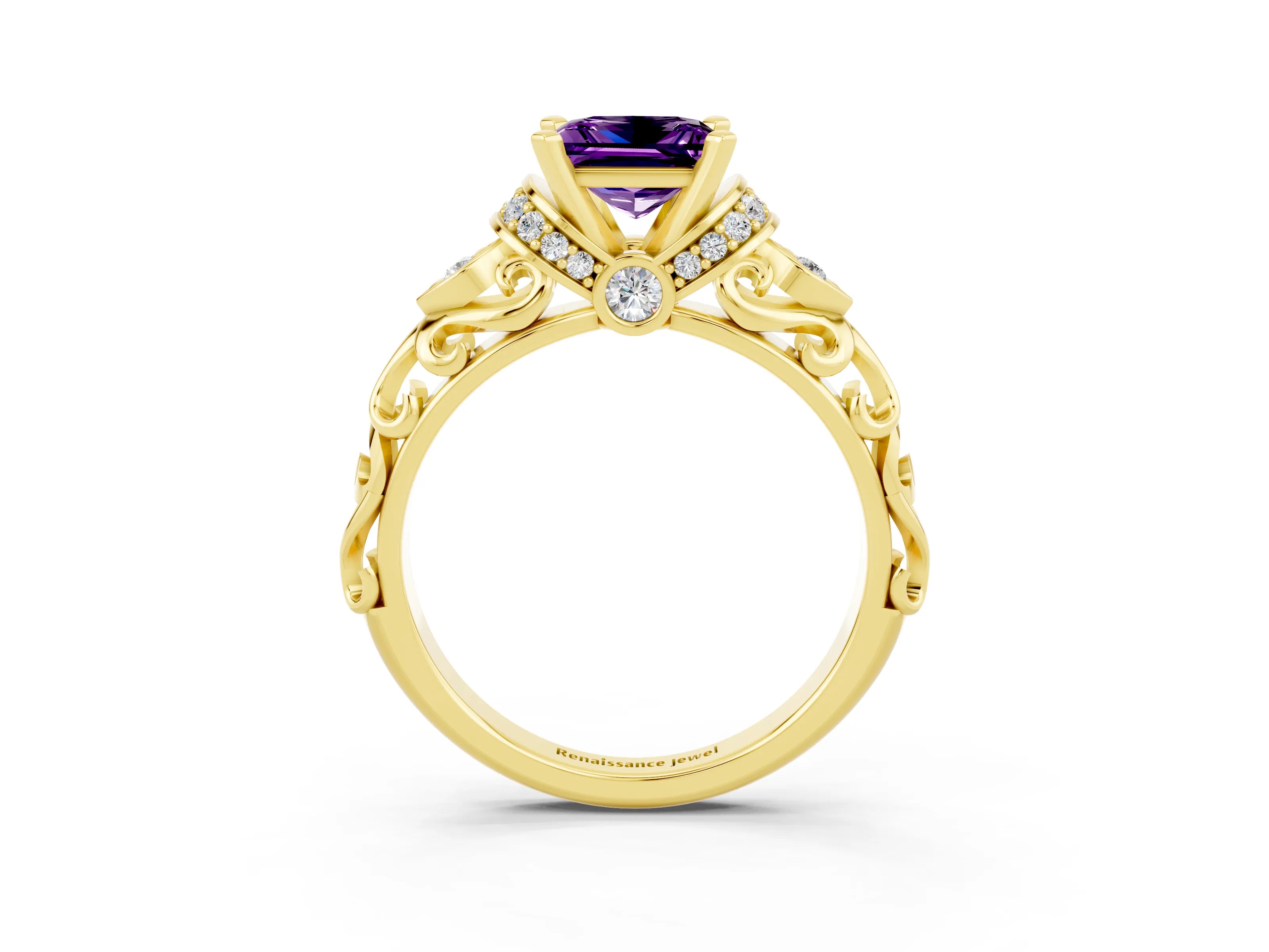 Yellow gold Princess Cut Amethyst Solitaire Ring with Filigree Band and Four-Prong Setting_27