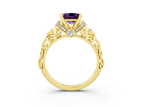 Yellow gold Princess Cut Amethyst Solitaire Ring with Filigree Band and Four-Prong Setting_27