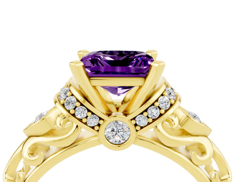 Yellow gold Princess Cut Amethyst Solitaire Ring with Filigree Band and Four-Prong Setting_28
