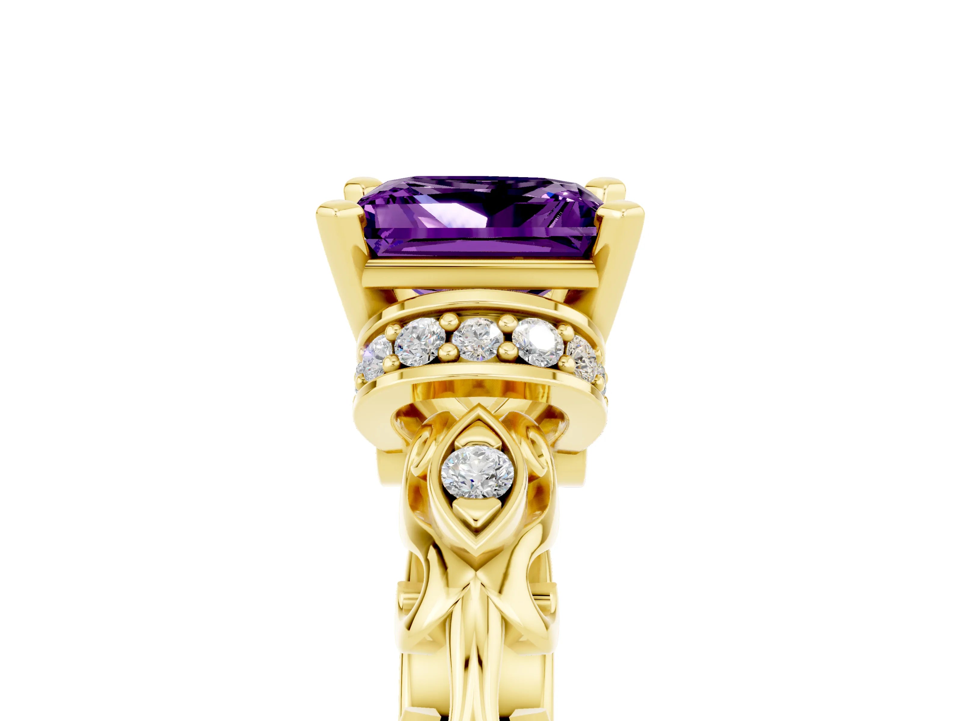 Yellow gold Princess Cut Amethyst Solitaire Ring with Filigree Band and Four-Prong Setting_29