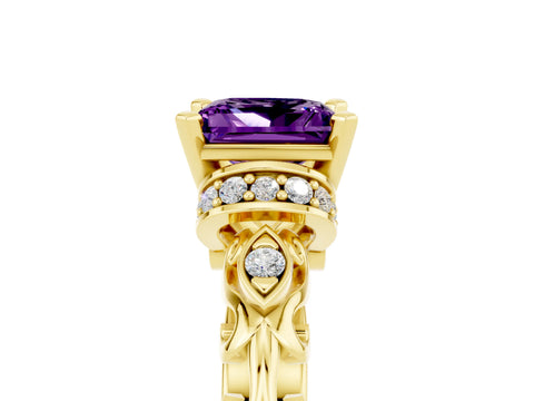 Yellow gold Princess Cut Amethyst Solitaire Ring with Filigree Band and Four-Prong Setting_29