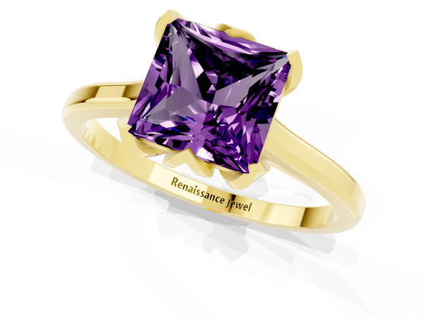 Yellow gold Princess Cut Amethyst Solitaire Ring with Flower Prong Setting and Classic Band