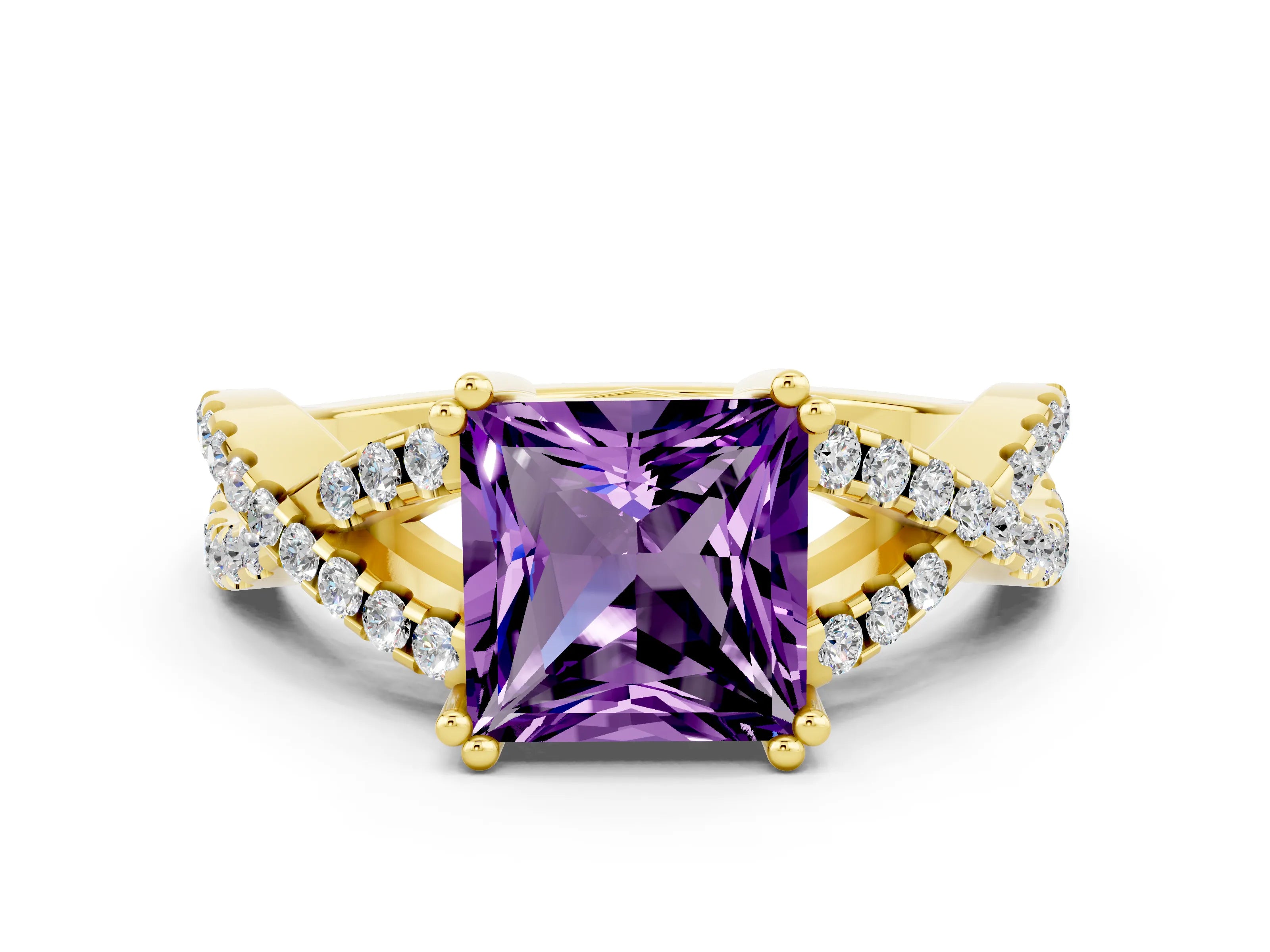 Yellow gold Princess Cut Amethyst Solitaire Ring with Four-Prong Setting and Twisted Pavé Band