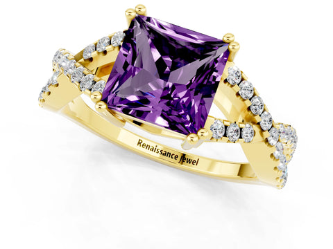 Yellow gold Princess Cut Amethyst Solitaire Ring with Four-Prong Setting and Twisted Pavé Band_1