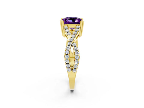 Yellow gold Princess Cut Amethyst Solitaire Ring with Four-Prong Setting and Twisted Pavé Band_2