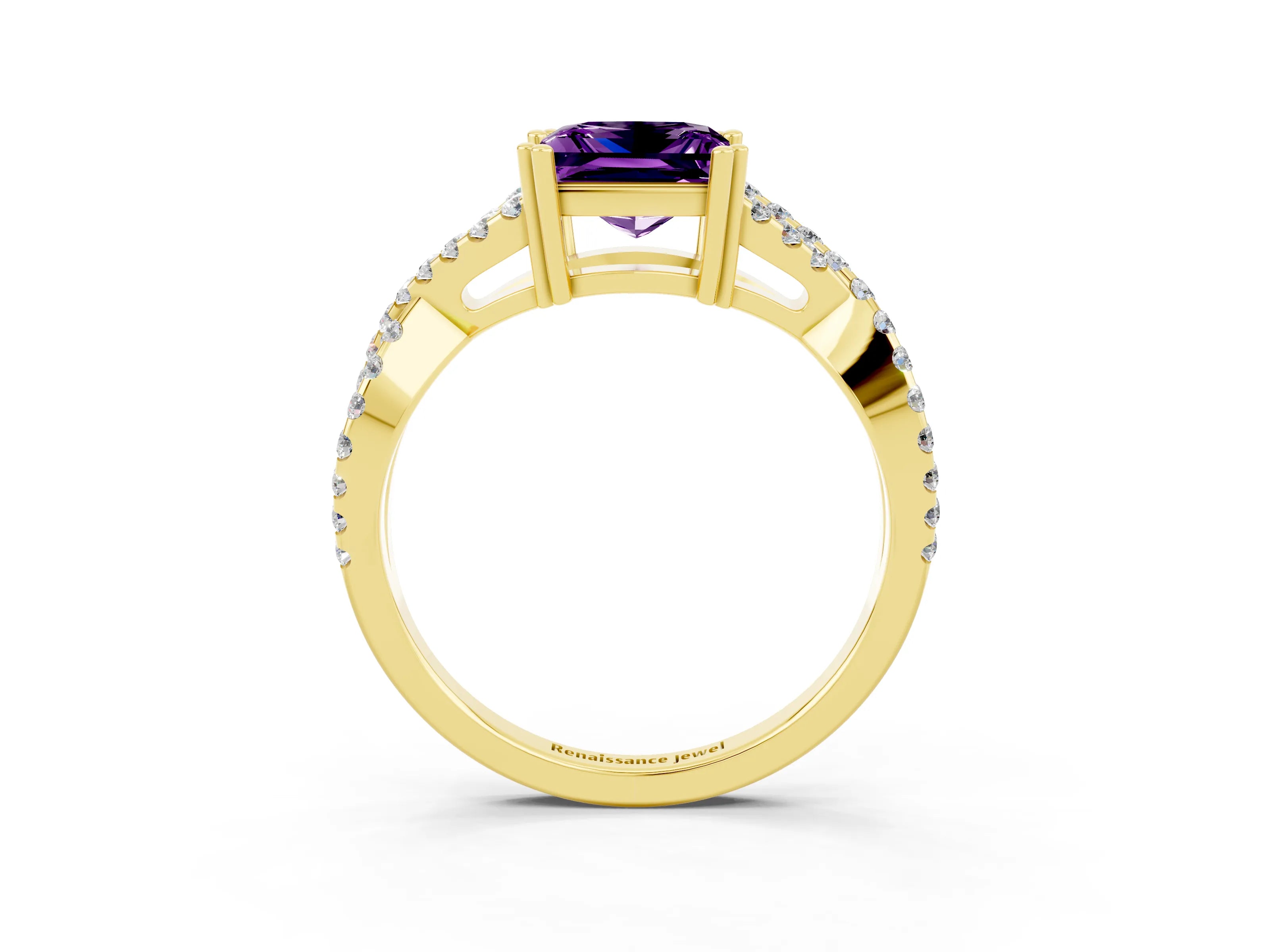 Yellow gold Princess Cut Amethyst Solitaire Ring with Four-Prong Setting and Twisted Pavé Band_3