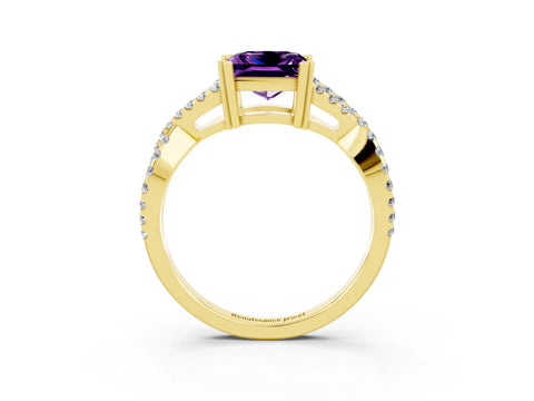 Yellow gold Princess Cut Amethyst Solitaire Ring with Four-Prong Setting and Twisted Pavé Band_3