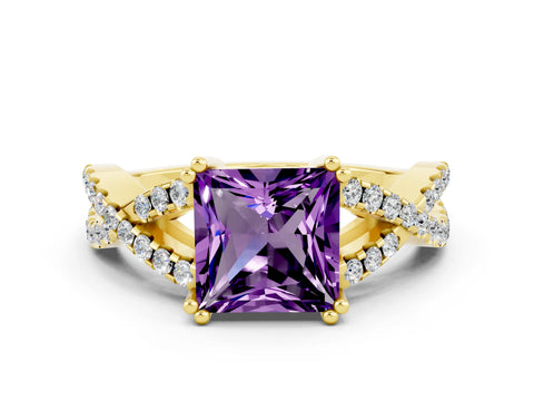 Yellow gold Princess Cut Amethyst Solitaire Ring with Four-Prong Setting and Twisted Pavé Band