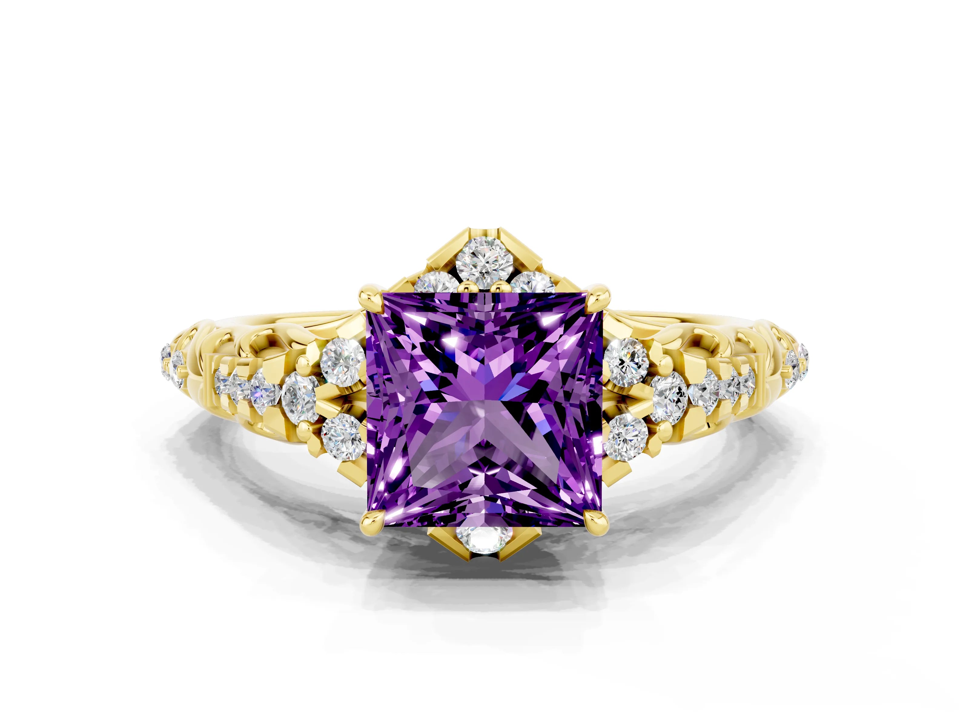 Yellow gold Princess Cut Amethyst Solitaire Ring with Hidden Halo and Pavé Band_12