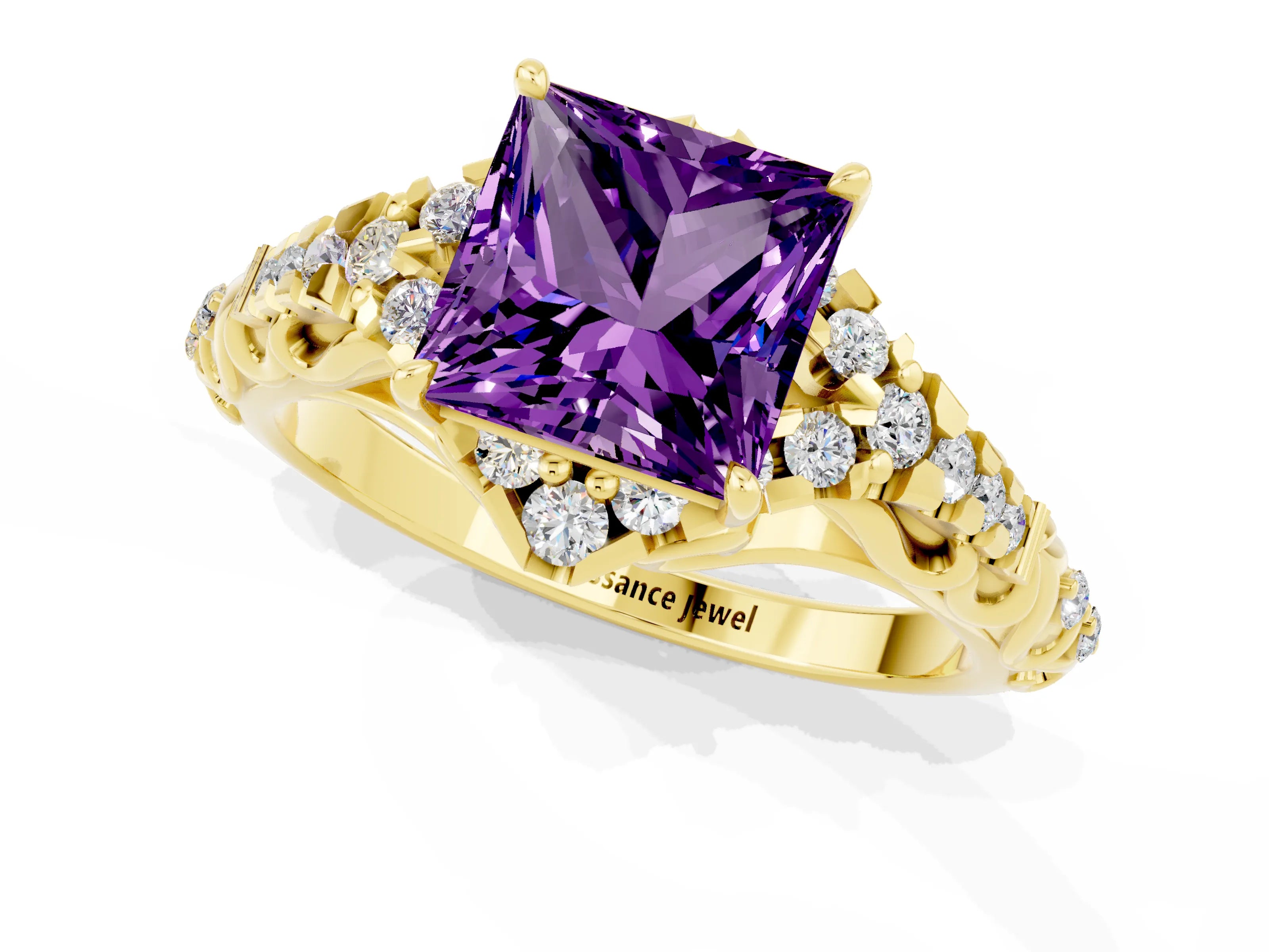 Yellow gold Princess Cut Amethyst Solitaire Ring with Hidden Halo and Pavé Band_13