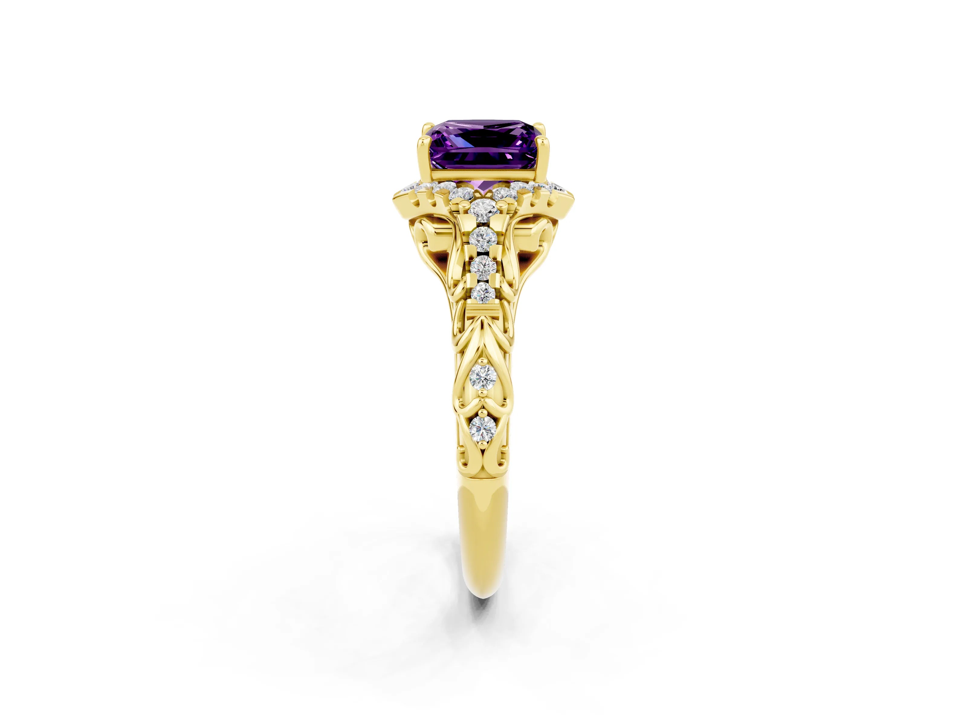 Yellow gold Princess Cut Amethyst Solitaire Ring with Hidden Halo and Pavé Band_14