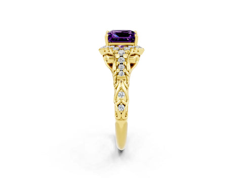 Yellow gold Princess Cut Amethyst Solitaire Ring with Hidden Halo and Pavé Band_14