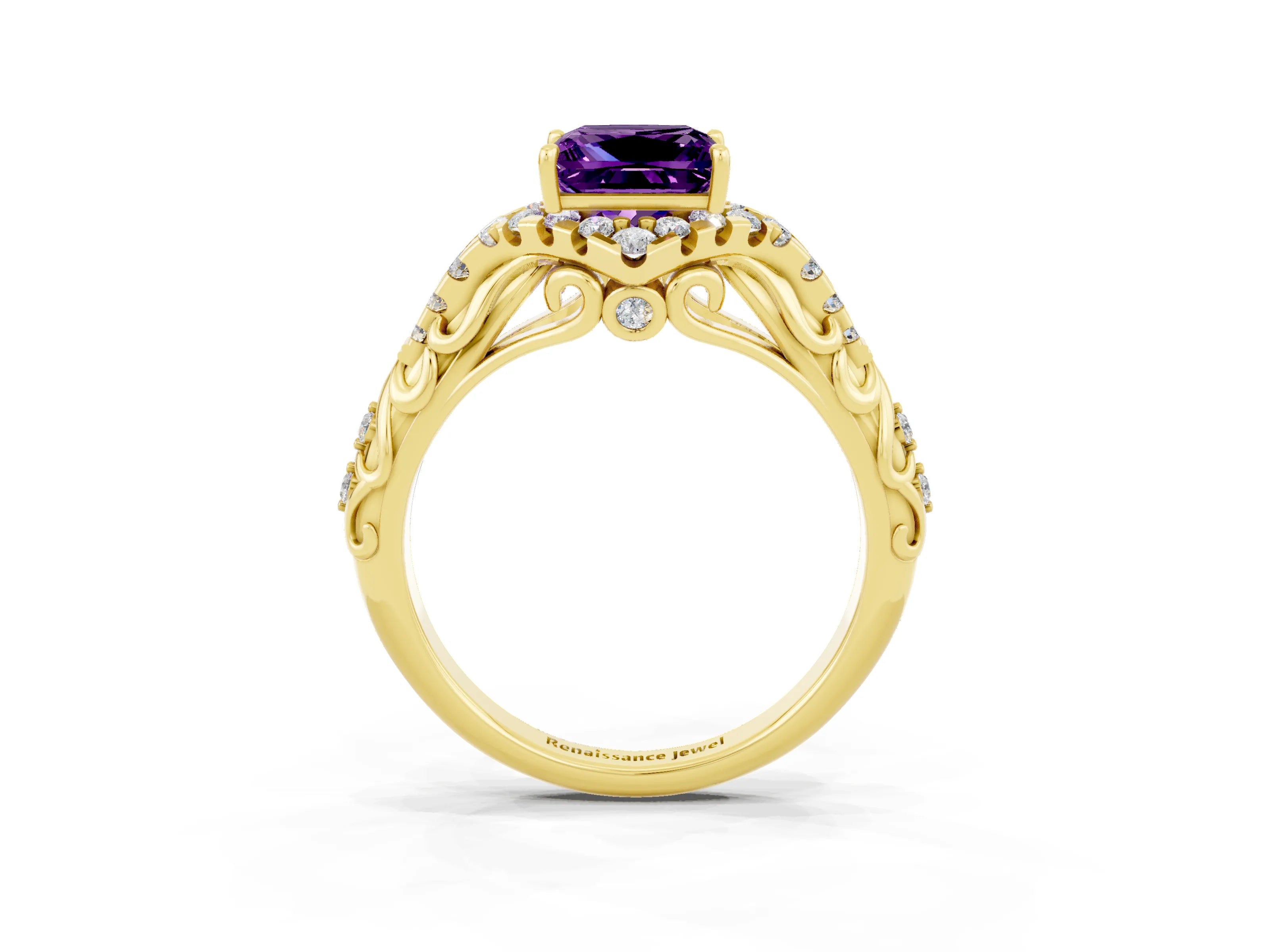 Yellow gold Princess Cut Amethyst Solitaire Ring with Hidden Halo and Pavé Band_15