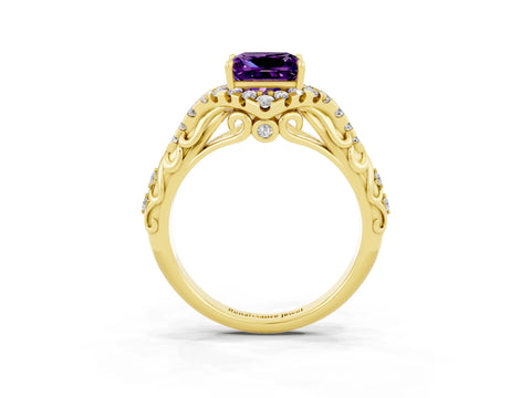 Yellow gold Princess Cut Amethyst Solitaire Ring with Hidden Halo and Pavé Band_15