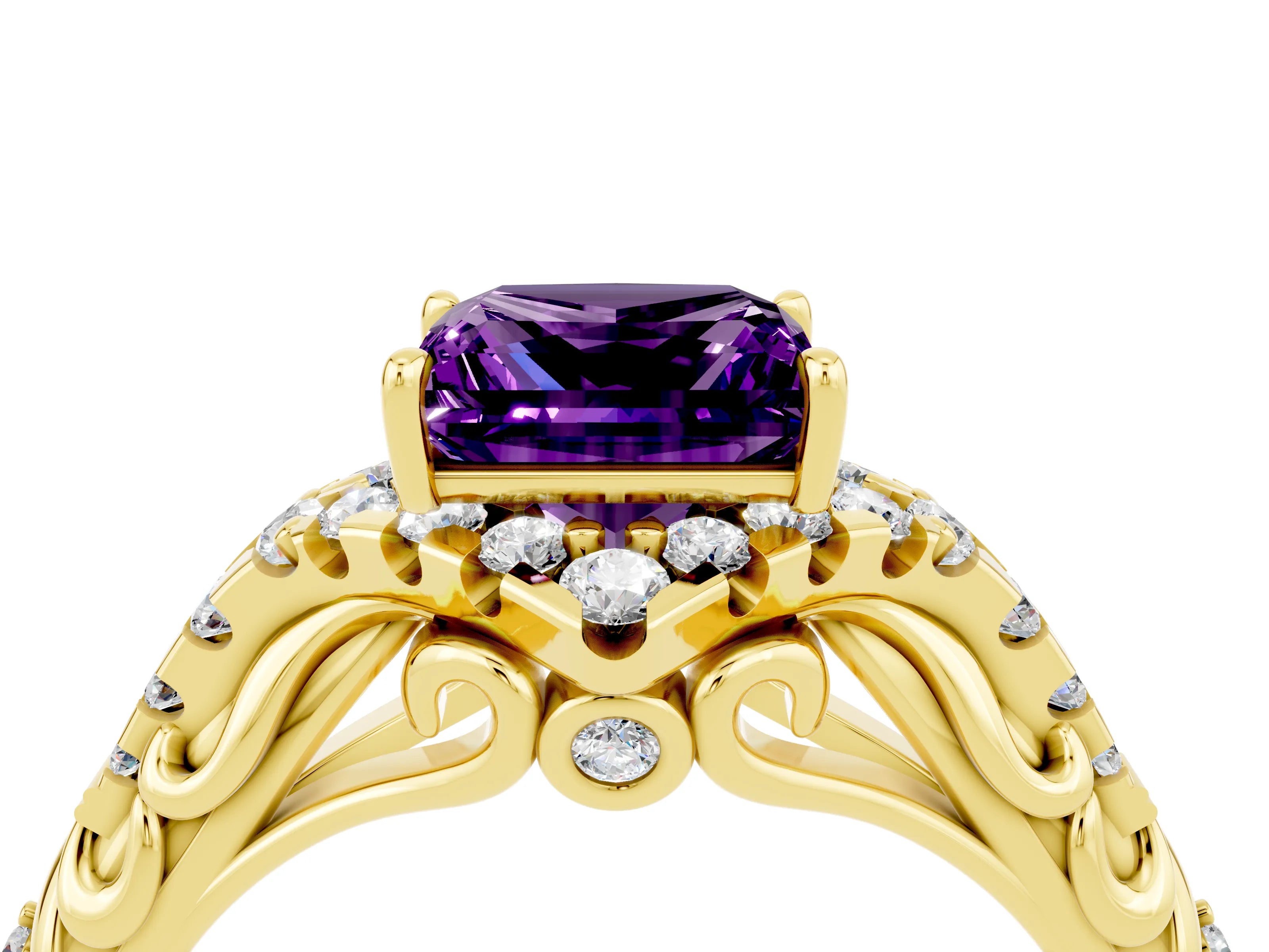 Yellow gold Princess Cut Amethyst Solitaire Ring with Hidden Halo and Pavé Band_16