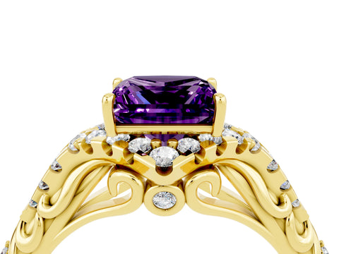 Yellow gold Princess Cut Amethyst Solitaire Ring with Hidden Halo and Pavé Band_16