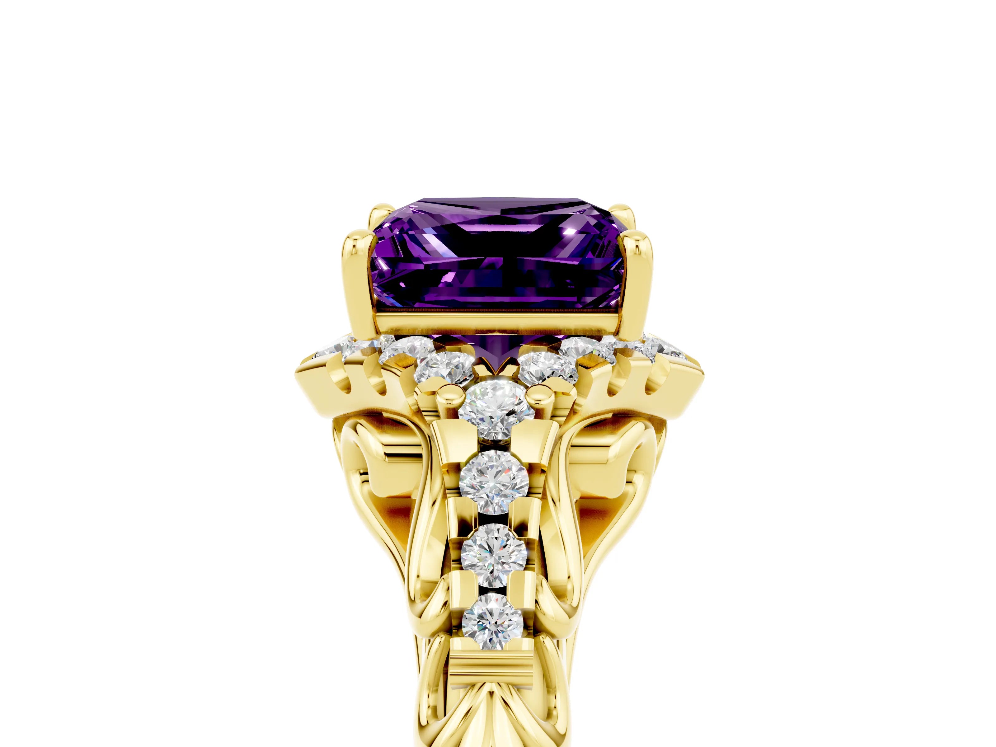 Yellow gold Princess Cut Amethyst Solitaire Ring with Hidden Halo and Pavé Band_17