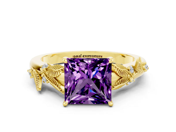 Yellow gold Princess Cut Amethyst Solitaire Ring with Leaf Motif Band and Four-Prong Setting