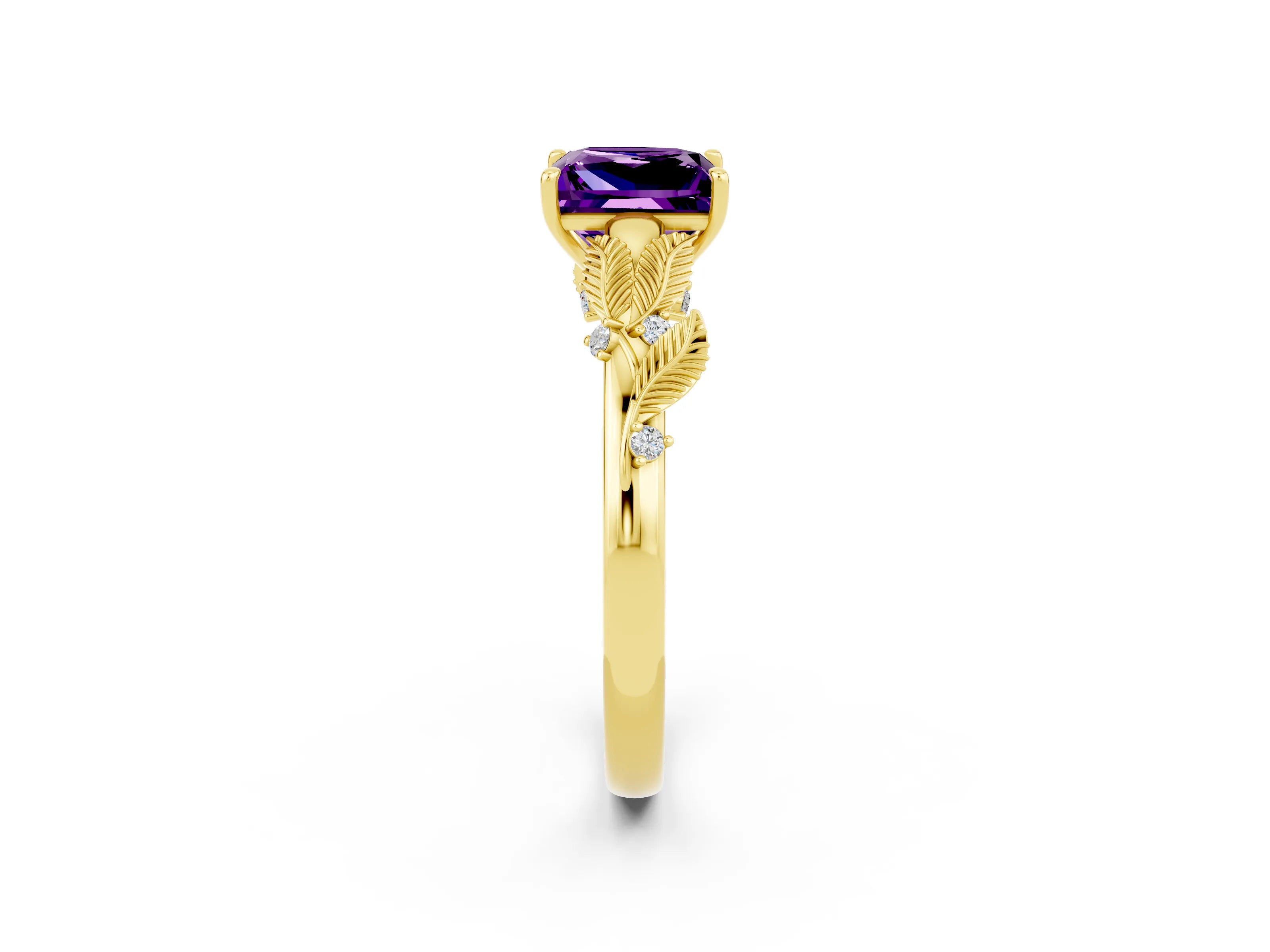Yellow gold Princess Cut Amethyst Solitaire Ring with Leaf Motif Band and Four-Prong Setting_2